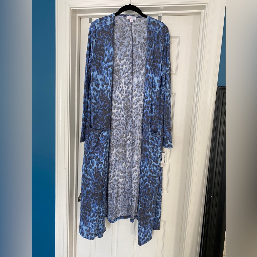 Lularoe Blue Leopard Print Sarah Duster Cardigan Sweater Size Medium